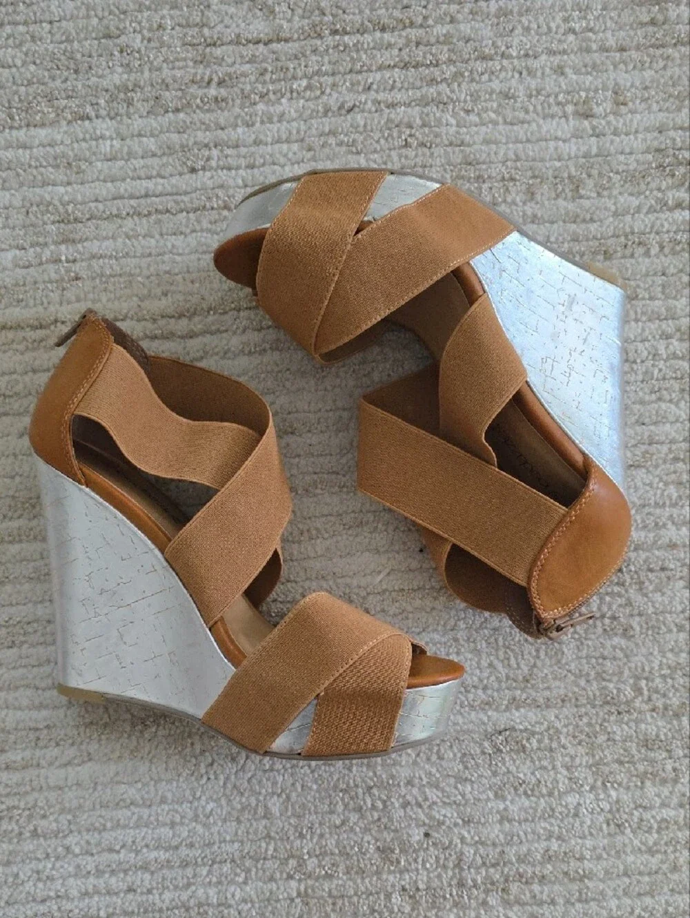Shoe Dazzle Tan Elastic Crossover Wedge Sandals with Silver Wedge